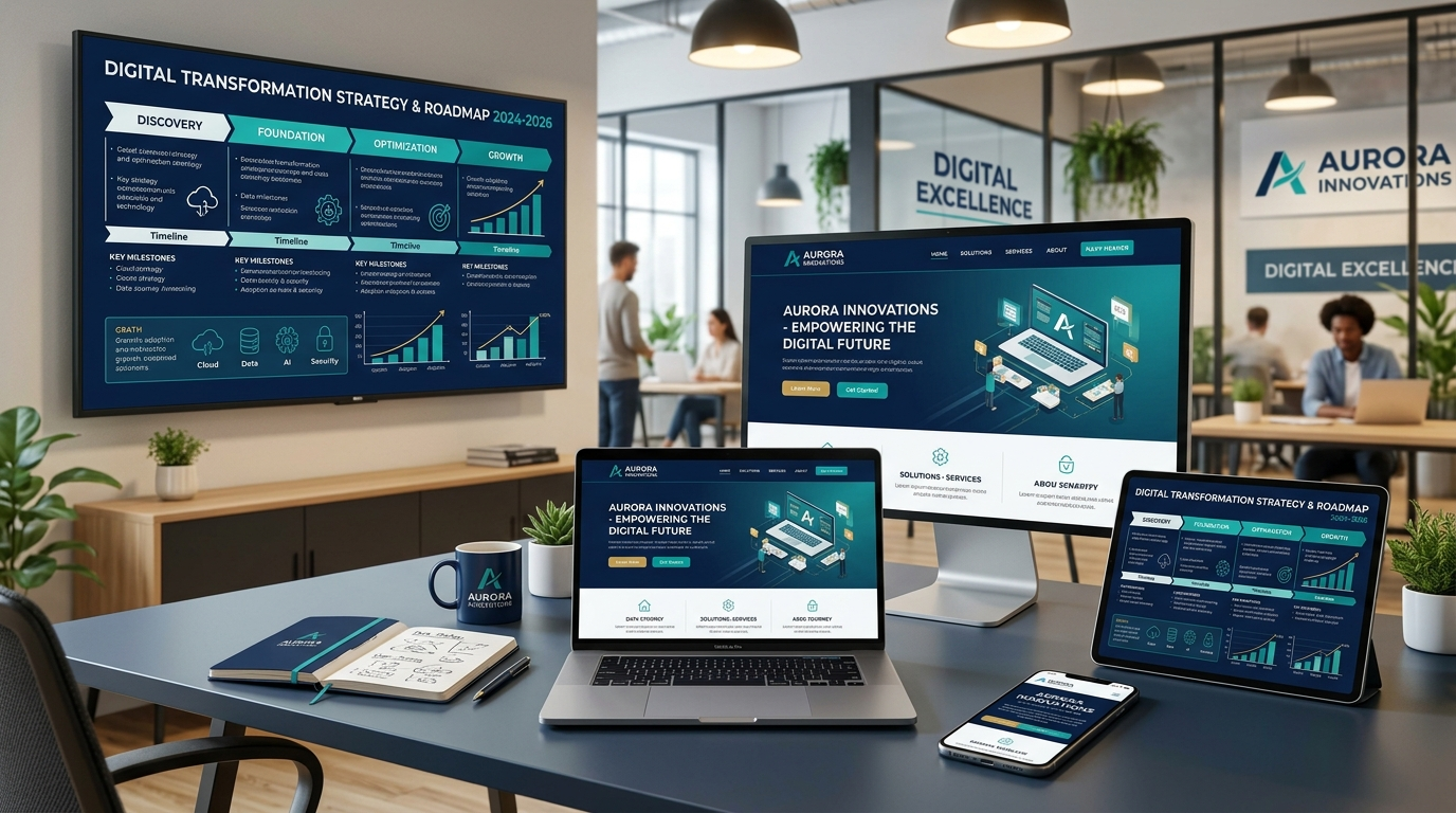 Illustrative before and after digital transformation showing modern website and strategy roadmap